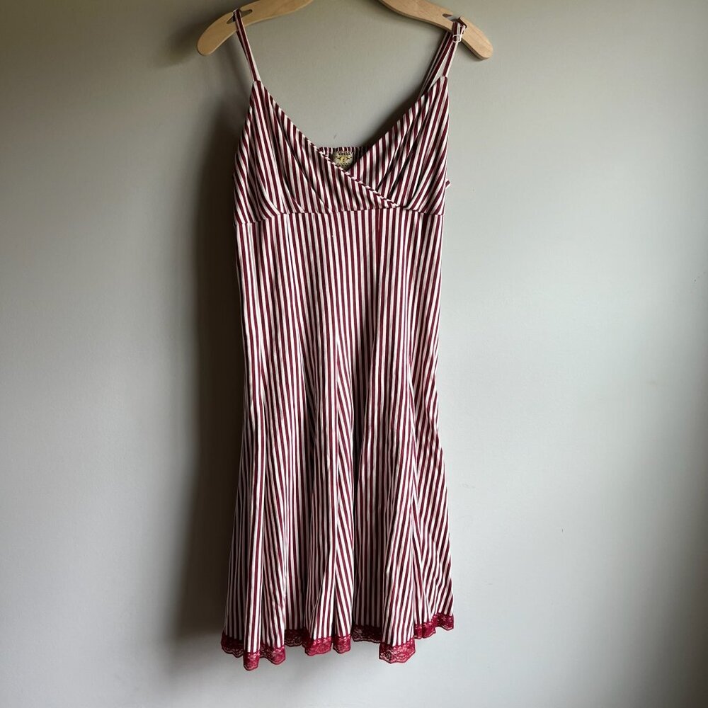 Striped Spaghetti‑Strap Dress in Burgundy and White